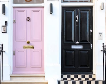 London Photography - Pink and Black Doors, London, Pastel Houses, London, England Travel Photo, Large Wall Art, Home Decor