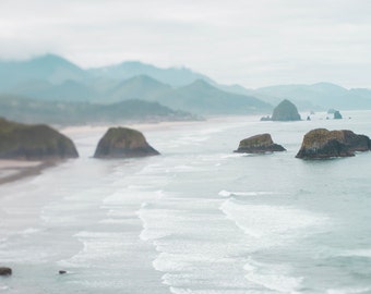 Oregon Coast Photograph - Cannon Beach, Waves, Mist, Sea, Teal Landscape Photograph, Nautical Wall Decor