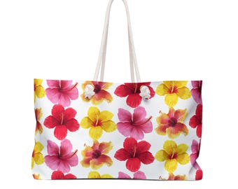 Hibiscus Flower Weekender Bag, Floral Travel Tote, Beach Bag, Vacation Carryall, Summer Getaway Gear, Perfect Gift