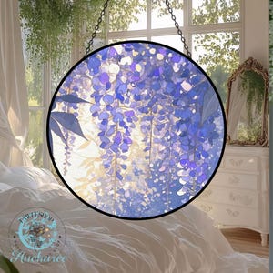 Purple Wisteria Stained Glass Suncatchers, Window Decorations, Garden/Home Decor, Personalized Keepsake Gifts Fantasy Floral Glass Ornaments