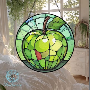 Green Apple Fruit Theme Stained Glass Suncatchers, Window Decorations, Garden/Home Decor, Personalized Keepsake Gifts, Apple Glass Ornaments