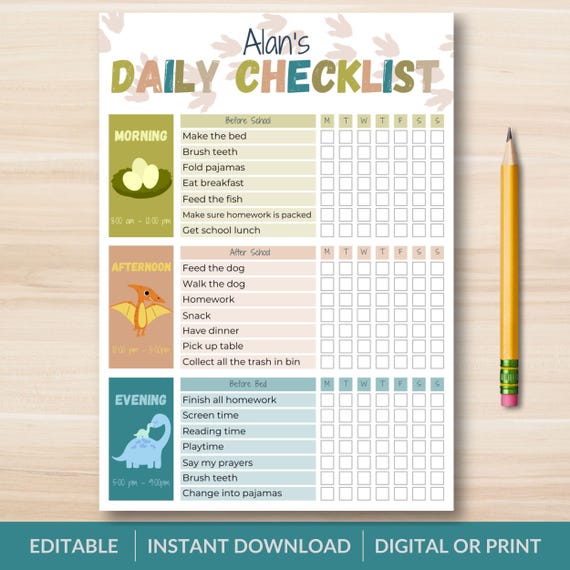 Kids Dinosaur Chore Chart: Daily Routine Checklist (Digital Download)