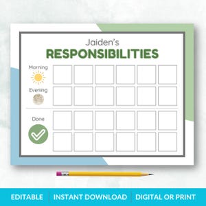 Puede incluir: Un cuadro de tareas imprimible con un esquema de color azul, verde y blanco. El cuadro se titula "Responsabilidades de Jaiden" y tiene columnas para "Mañana", "Tarde" y "Hecho".