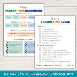 May include: A printable chart with a blue and green colour scheme, titled "Riley's Screen Time Reminders" and "Riley's Screen Time Rules". The chart lists rules for screen time, including when screen time is allowed, where it is allowed, and what tasks must be completed before screen time is earned. The chart also includes a list of "a few important things" to remember about screen time.
