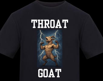 May include: Black t-shirt featuring a muscular goat illustration with lightning bolts and the text "THROAT GOAT" in white block letters. The goat is brown with horns and is flexing its arms.