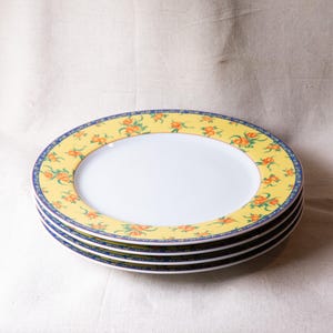 Set of 4 Blue and Yellow Rimmed Dinner Plates Made in Portugal | Mallorca by Vista Alegre