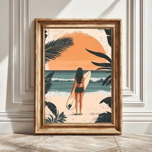 Mädchen hält Surfbrett Kunst Druck, Strand Wandbild, Surf Dekor, Ocean Haus, druckbare Kunst, sofortiger Download
