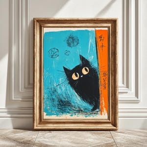 Digital Art Print Japanese Style, Black Cat Wall Art, Home Decoration, Art Print, Cat Illustration, Gift for Cat Lovers, Instant Download