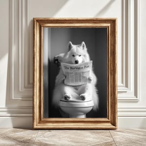 Digital Print Samoyed Newspaper Toilet, QuirkyWall Decor, Bathroom Artwork, Gift for Her Him Samoyed Owner, Instant Print, Funny Dog Print