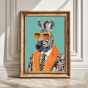 Zebra Digital Art Print, Funky Retro Decor, Maximalist Wandkunst, Hipster Dopamin Ästhetik, süße Geschenkidee, Kitsch Illustration, Cool Vibe