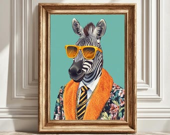 Zebra Digital Art Print, Funky Retro Decor, Maximalist Wall Art, Hipster Dopamine Aesthetic, Cute Gift Idea, Kitsch Illustration, Cool Vibe