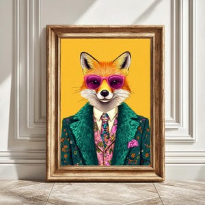ヒップフォックスデジタルアートプリント、ファンキーなレトロな装飾、マキシマリストウォールアート、ヒップスタードーパミン美学、かわいいギフトアイデア、キッチュなイラスト、クールなアート