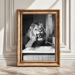 Digital Print, Lion Brushing Teeth, Nursery Wall Art, Animal Bathroom Decor, Printable Kids Room Decor, Playful Artwork, Instant Download