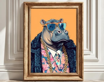 Hippo Digital Art Print, Funky Retro Decor, Maximalist Wall Art, Hipster Dopamine Aesthetic, Cute Gift Idea, Kitsch Illustration, Cool Vibe