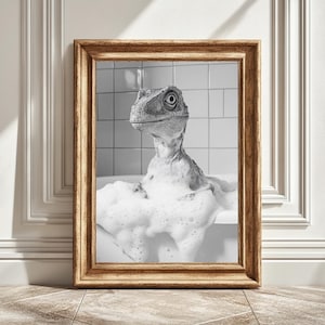 Dinosaur in Bathtub Bubbles Art Print, Digital Art, Bathroom Decor, Nursery Wall Art, Kids Room Printable, Fun Dino Print, Instant Download