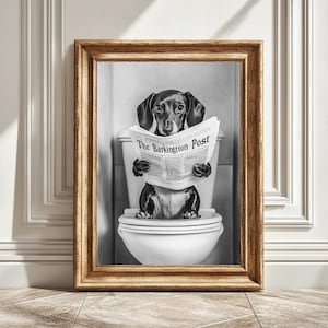 Black and White Dachshund Art Print, Reading Newspaper on Toilet, Bathroom Decor, Digital Print, Dog Art, Gift for Dog Lovers, Wiener Dog