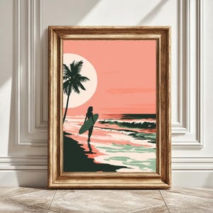 Mädchen hält Surfbrett Kunst Druck, Strand Wandbild, Surf Dekor, Ocean Haus, druckbare Kunst, sofortiger Download