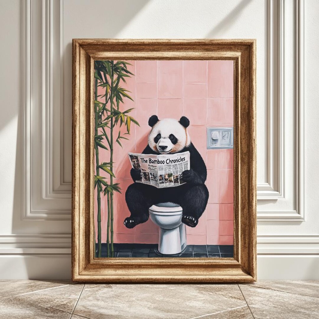 Panda Toilet Wall Art Print, Pink Digital Art Print, Newspaper Reading ...