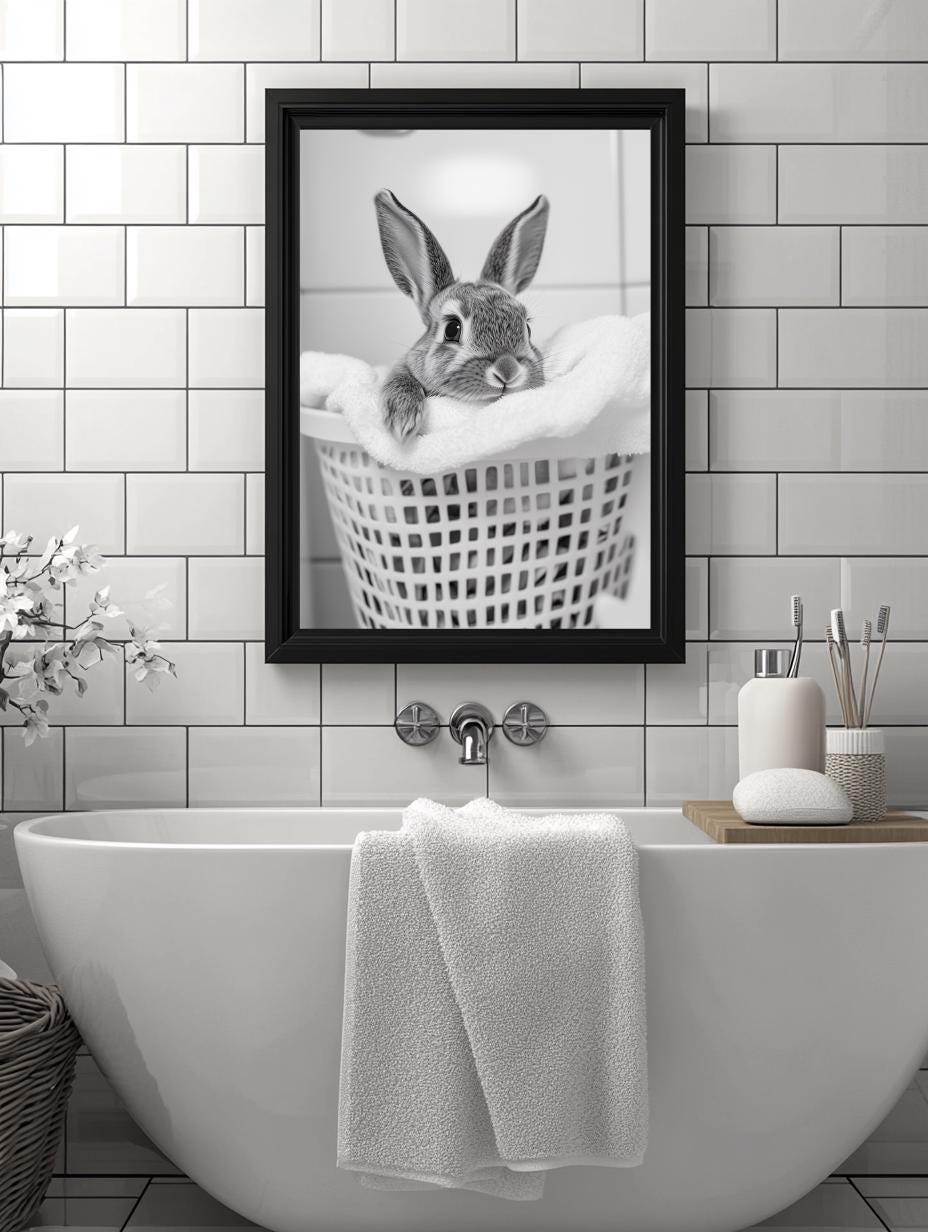 Bunny in Laundry Basket Art Print: Whimsical Animal Portrait (digital ...