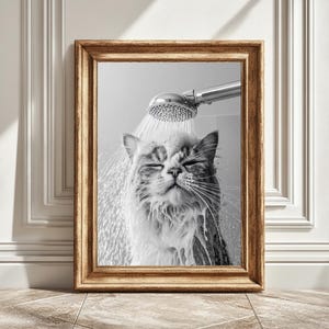 Cat Print, Funny Bathroom Decor, Cat in Shower, Black And White Cat, Wall Art, Printable Digital Download, Instant Download, Cat Lover Gift