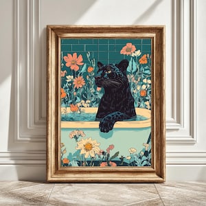 Panther Bathtub Flowers Art Print, Digital Art, Animal Home Decor, Colorful Illustration, Bathroom Art, Printable Gift, Instant Download