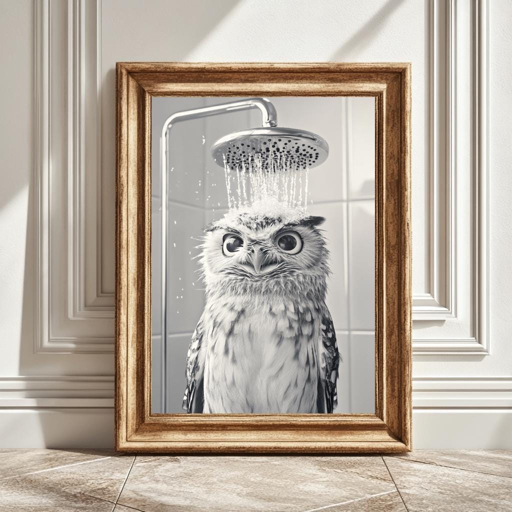 Black and White Owl Wall Art, Owl Under Shower Art Print, Owl Poster, Digital Monochrome Decor, Owl 