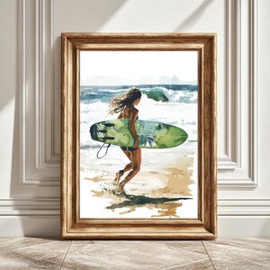 Mädchen mit Surfbrett Kunst Druck, Strand Wandbild, Surf Dekor, Ocean Wohnkultur, druckbare Kunst, sofortiger Download