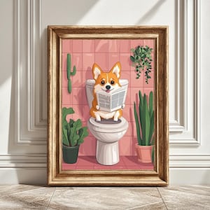 Corgi Reading Newspaper on Toilet Cartoon Digital Art Print, Toilet Humor Art, Printable Wall Decor, Funny Dog Art, Instant Download