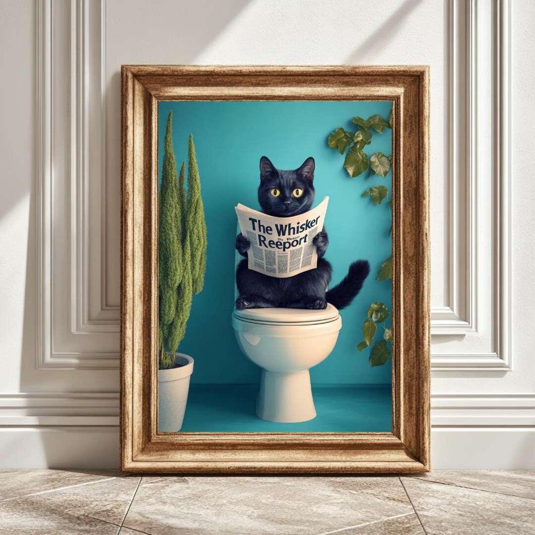 Black Cat Toilet Digital Art Print, Cat With Newspaper, Funny Bathroom ...