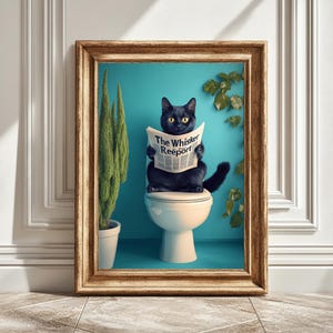 Black Cat Toilet Digital Art Print, Cat with Newspaper, Funny Bathroom Wall Art, Unique Cat Decor, Instant Download, Cat Lover Gift