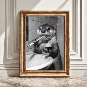 Otter Brushing Teeth Digital Art Print, Cute Animal Wall Decor, Printable Otter Art Gift, Bathroom Decor, Kids Room Decor, Instant Download