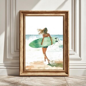 Mädchen mit Surfbrett Kunst Druck, Strand Wandbild, Surf Dekor, Ocean Wohnkultur, druckbare Kunst, sofortiger Download
