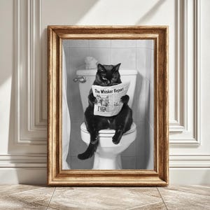 黒猫のプリント、面白いバスルームの装飾、トイレの黒猫、黒と白の黒猫、ウォールアート、印刷可能なデジタルダウンロード、即時ダウンロード