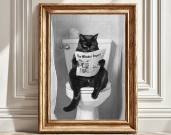 Black Cat Print, Funny Bathroom Decor, Black Cat on Toilet, Black White Black Cat, Wall Art, Printable Digital Download, Instant Download