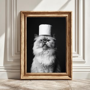 Kattenprint, grappig badkamerdecor, kattentoiletrol, zwart-witte kat, kunst aan de muur, afdrukbare digitale download, uniek kattenliefhebber cadeau, schattige kat