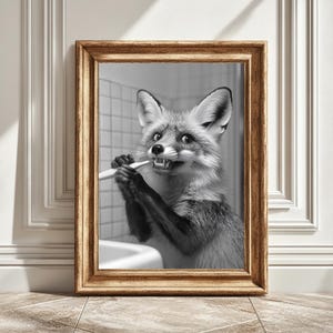Fox Brushing Teeth Digital Art Print, Black and White Art, Nursery Wall Art, Kids Room Decor, Bathroom Decor, Woodland Animal Decor, Instant