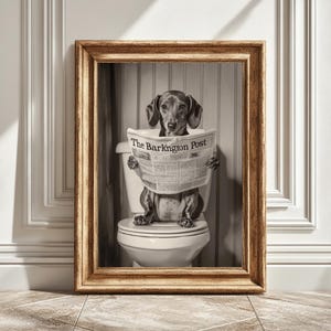 Black and White Dachshund Art Print, Reading Newspaper on Toilet, Bathroom Decor, Digital Print, Dog Art, Gift for Dog Lovers, Wiener Dog