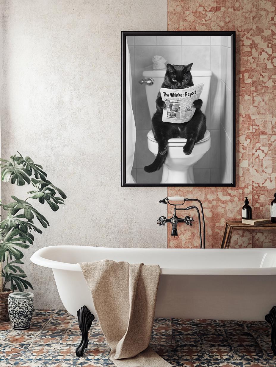 Black Cat Print, Funny Bathroom Decor, Black Cat on Toilet, Black White ...