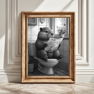 Quirky Beaver on Toilet Reading Newspaper Digital Art Print, Bathroom Decor Idea, Unique Wall Art, Funny Housewarming Gift, Instant Download