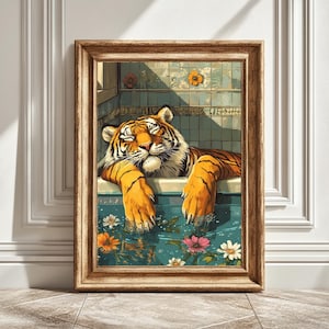 Impression d&#39;art tigre de baignoire, oeuvre d&#39;art numérique fleur, impression décoration d&#39;intérieur, décoration murale animal, oeuvre d&#39;art pour salle de bain, téléchargement immédiat, animal dans la baignoire