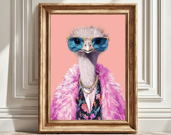 Ostrich Digital Art Print, Funky Retro Decor, Maximalist Wall Art, Hipster Dopamine Aesthetic, Cute Gift Idea, Kitsch Illustration, Cool Art