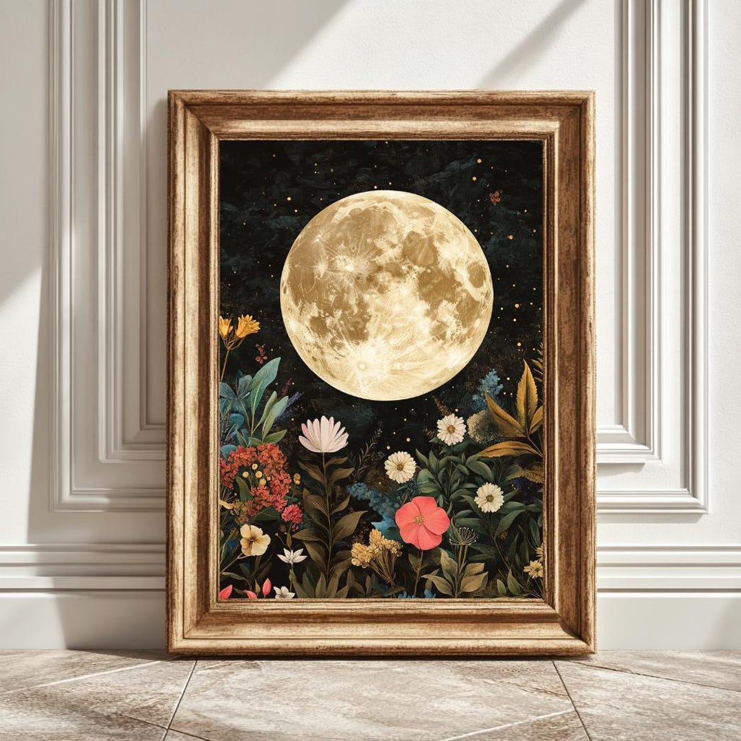 Large Full Moon Flowers Digital Art Print, Printable Moon Artwork ...