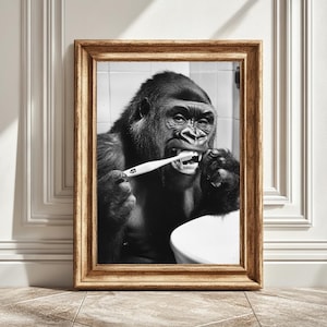 Gorilla Brushing Teeth Art Print, Digital Art Print, Quirky Wall Art, Fun Bathroom Decor, Animal Print, Unique Gift, Instant Download