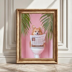 Corgi on Toilet Reading Newspaper Print, Cartoon Dog Digital Art, Funny Bathroom Decor, Digital Wall Art, Printable Poster, Instant Download