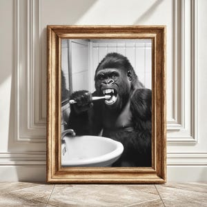 Gorilla Brushing Teeth Art Print, Digital Art Print, Quirky Wall Art, Fun Bathroom Decor, Animal Print, Unique Gift, Instant Download