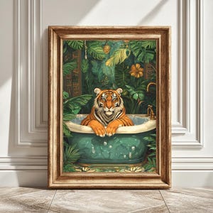 Impression d&#39;art tigre de baignoire, oeuvre d&#39;art numérique fleur, impression décoration d&#39;intérieur, décoration murale animal, oeuvre d&#39;art pour salle de bain, téléchargement immédiat, animal dans la baignoire