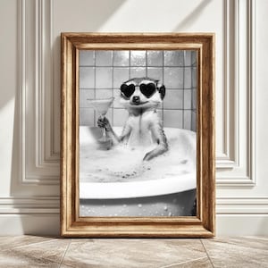 Meerkat Print, Bathroom Decor, Meerkat Drinking Champagne, Meerkat in Bathtub, Black And White Meerkat, Wall Art, Printable Digital Download