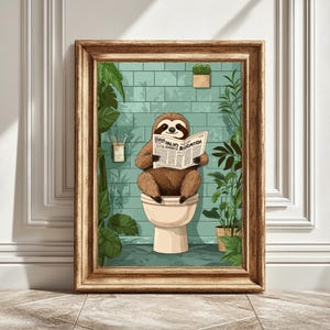 Digital Art Print, Sloth on Toilet Reading Newspaper, Bathroom Wall Decor, Unique Bathroom Art, Toilet Sloth Print, Gift for Sloth Lovers