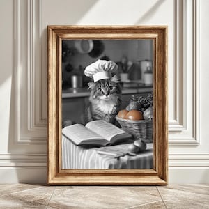 Digital Art Print Kitten Chef Hat, Kitchen Wall Decor, Cat Chef Hat, Black White Cat Art, Printable Digital Download, Cat Lover Gift Idea