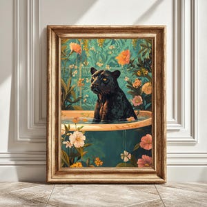 Flowers And Panther Digital Print, Bathtub Illustration, Home Wall Art, Printable Poster, Animal Themed Art, Instant Download Gift